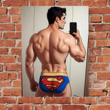 Superman Underwear Mirror Selfie Art Print, Muscular Male Back Superhero Wall Decor, Comic Style Guy Portrait, Modern Hero Fine Art Poster