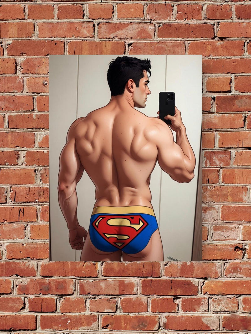 Superman Underwear Mirror Selfie Art Print, Muscular Male Back Superhero Wall Decor, Comic Style Guy Portrait, Modern Hero Fine Art Poster