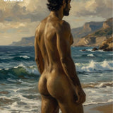 Muscular Male Fine Art Print, Naked Man Beach Oil Painting Poster, Classical Masculine Torso Wall Decor, Romantic Coastal Landscape Art