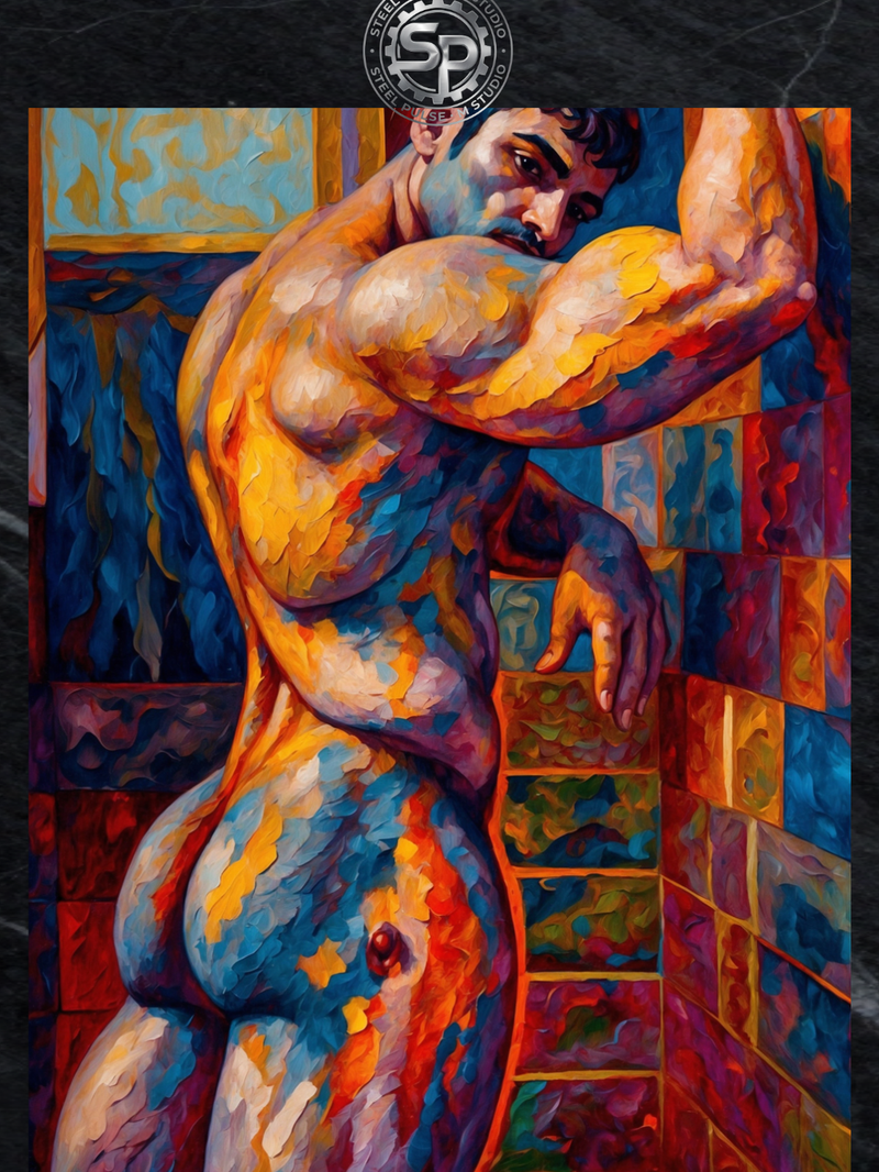 Stairway Flex Gay Art Print | Bold Male Figure Impasto Wall Art | LGBTQ+ Decor | SteelPulseMStudio