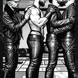 Gay Erotic Art Print | Leather Military Men Kissing in Gym | Muscular Bears Homoerotic Ink Drawing | BDSM Fantasy Wall Art | 4 Sizes