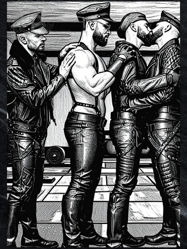 Gay Erotic Art Print | Leather Military Men Kissing in Gym | Muscular Bears Homoerotic Ink Drawing | BDSM Fantasy Wall Art | 4 Sizes