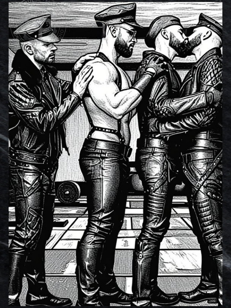 Gay Erotic Art Print | Leather Military Men Kissing in Gym | Muscular Bears Homoerotic Ink Drawing | BDSM Fantasy Wall Art | 4 Sizes