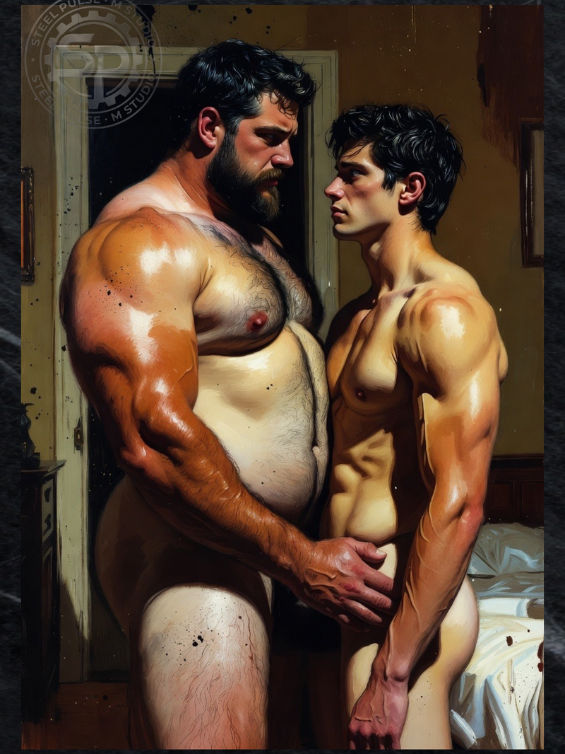 Gay Erotic Art Print | Bear & Twink Intense Embrace | Raw Physique Hug | Homoerotic Bedroom Fantasy | 4 Sizes