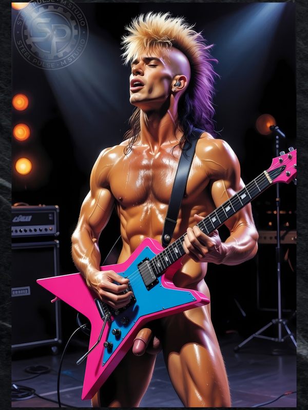 Art Print | Glam Rock Guitarist | Shirtless Male Stage Fantasy | 80s Rock NSFW Art | 4 Sizes