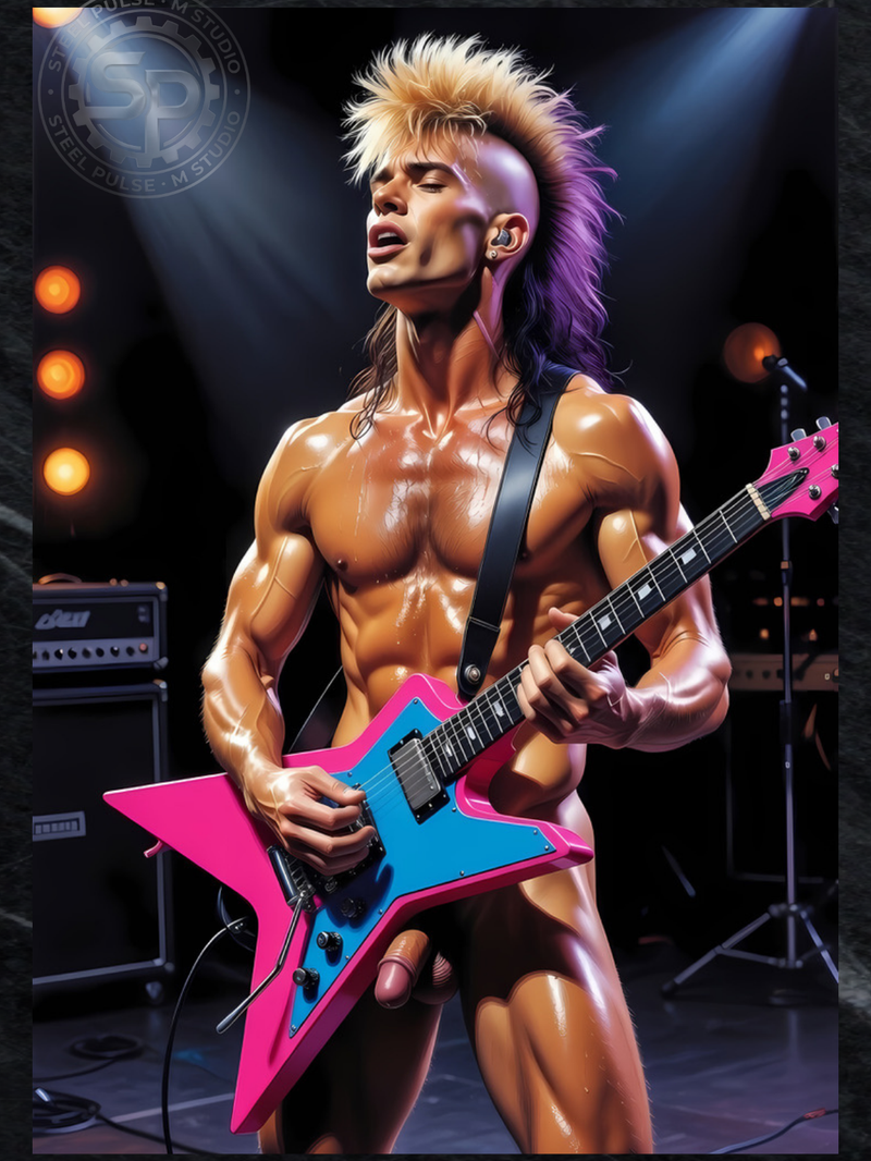 Art Print | Glam Rock Guitarist | Shirtless Male Stage Fantasy | 80s Rock NSFW Art | 4 Sizes