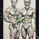 Lámina de Arte Erótico Gay | Portero de Hockey y Atleta Pepino | Dibujo Digital a Lápiz Arte de Pared | Fantasía Homoerótica Sexy | 4 Tamaños Disponibles