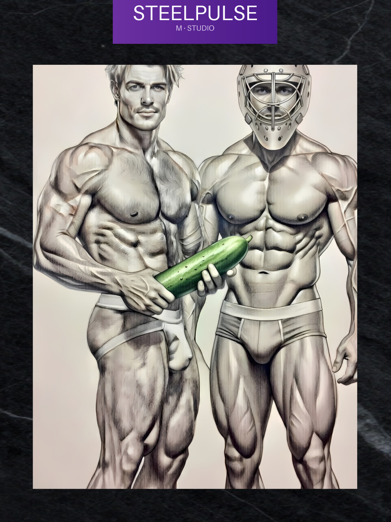 Lámina de Arte Erótico Gay | Portero de Hockey y Atleta Pepino | Dibujo Digital a Lápiz Arte de Pared | Fantasía Homoerótica Sexy | 4 Tamaños Disponibles