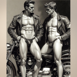 Gay Erotic Art Print | Leather Bikers Forehead Touch | Muscular Duo Embrace | Homoerotic Motorcycle Fantasy | 4 Sizes