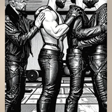Gay Erotic Art Print | Leather Military Men Kissing in Gym | Muscular Bears Homoerotic Ink Drawing | BDSM Fantasy Wall Art | 4 Sizes