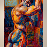 Stairway Flex Gay Art Print | Bold Male Figure Impasto Wall Art | LGBTQ+ Decor | SteelPulseMStudio