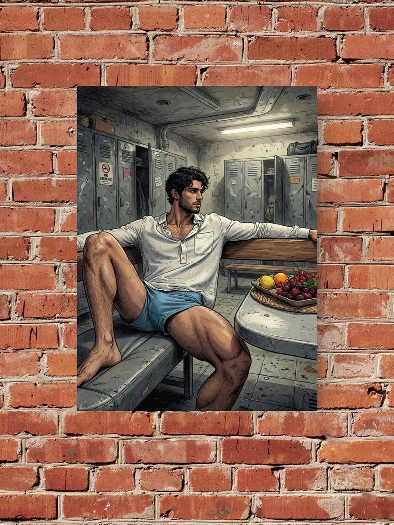 Manga Locker Room Art, Athletic Man Comic Poster, Masculine Wall Decor Print