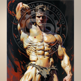 Gay Erotic Art Print | Ripped Muscle Flex Nude | Bearded Warrior Pose | Homoerotic Power Fantasy | 4 Sizes