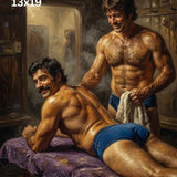 Masculine Impasto Oil Painting Print, Vintage Bathhouse Sauna Art Poster