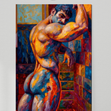 Stairway Flex Gay Art Print | Bold Male Figure Impasto Wall Art | LGBTQ+ Decor | SteelPulseMStudio