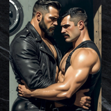 Gay Erotic Art Print | Leather Daddies Intense Stare | Muscular Bear Embrace | Homoerotic BDSM Fantasy | 4 Sizes
