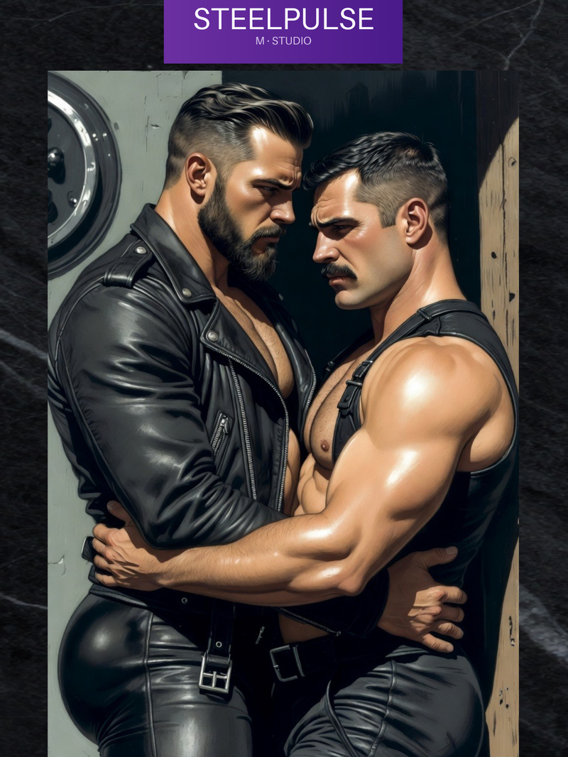 Gay Erotic Art Print | Leather Daddies Intense Stare | Muscular Bear Embrace | Homoerotic BDSM Fantasy | 4 Sizes