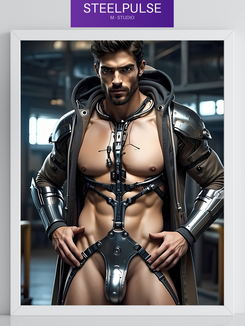 Cyberforge Sentinel Art Print | Cyberpunk Male Wall Art | Sci-Fi LGBTQ+ Decor | SteelPulseMStudio