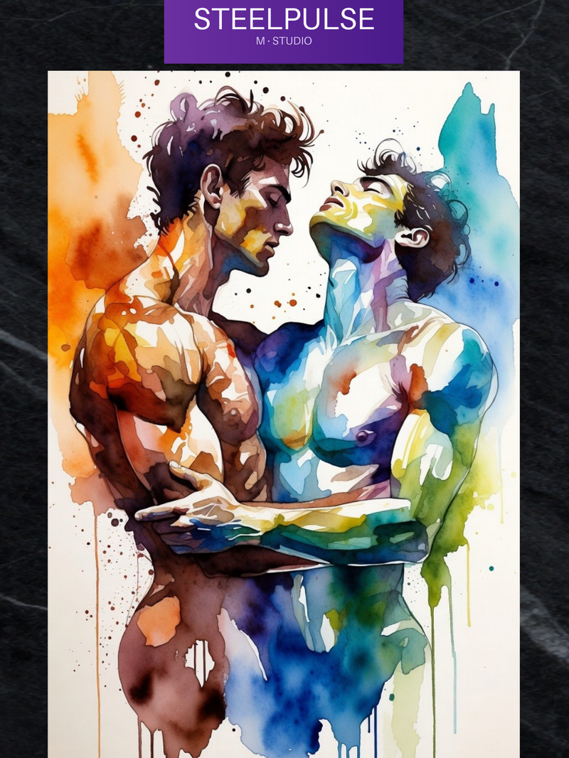 Estampa de Arte Erótico Gay | Amantes Masculinos Intensos Cara a Cara | Abrazo de Desnudos en Acuarela | Arte de Pared Digital | Obra de Arte Homoerótica | 4 Tamaños