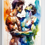 Estampa de Arte Erótico Gay | Amantes Masculinos Intensos Cara a Cara | Abrazo de Desnudos en Acuarela | Arte de Pared Digital | Obra de Arte Homoerótica | 4 Tamaños