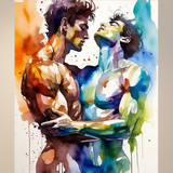 Estampa de Arte Erótico Gay | Amantes Masculinos Intensos Cara a Cara | Abrazo de Desnudos en Acuarela | Arte de Pared Digital | Obra de Arte Homoerótica | 4 Tamaños