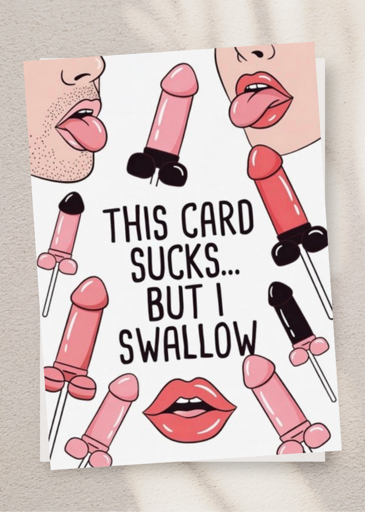 Adult Greeting Card | This Card Sucks But I Swallow | Cheeky Dick Lollipop Pun | Adult NSFW Humor | Single or 5-Pack