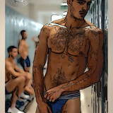 Gay Erotic Art Print | Muscular Male Nude in Locker Room | Digital Painting Wall Art | Sexy Homoerotic Artwork | 4 Sizes Available