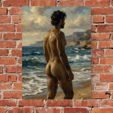 Muscular Male Fine Art Print, Naked Man Beach Oil Painting Poster, Classical Masculine Torso Wall Decor, Romantic Coastal Landscape Art