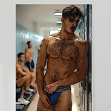 Gay Erotic Art Print | Muscular Male Nude in Locker Room | Digital Painting Wall Art | Sexy Homoerotic Artwork | 4 Sizes Available