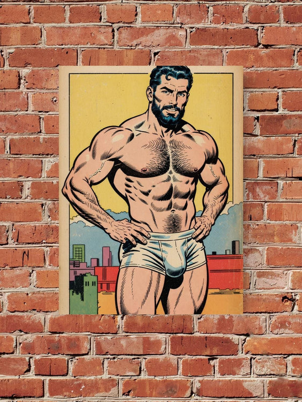 Vintage Comic Print, Bearded Superhero Retro Man Poster, Masculine Wall Decor