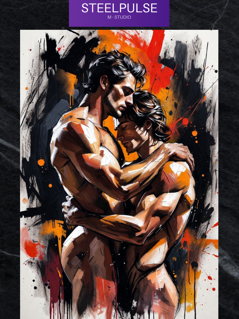 Gay Erotic Art Print | Passionate Male Embrace | Intense Lovers Kiss | Digital Wall Art | Homoerotic Nude Couple Artwork | 4 Sizes