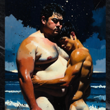 Gay Erotic Art Print | Bear & Twink Beach Embrace | Night Ocean Hug | Homoerotic Moonlit Fantasy | 4 Sizes