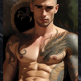 Gay Erotic Art Print | Muscular Male Nude with Dragon Tattoo | Fantasy Homoerotic Artwork | Digital Painting Wall Art | 4 Sizes