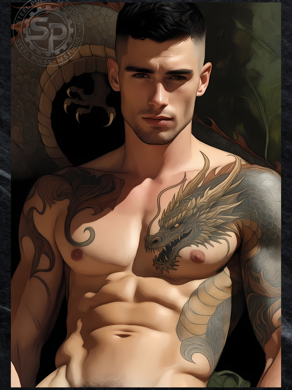 Gay Erotic Art Print | Muscular Male Nude with Dragon Tattoo | Fantasy Homoerotic Artwork | Digital Painting Wall Art | 4 Sizes