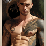 Gay Erotic Art Print | Muscular Male Nude with Dragon Tattoo | Fantasy Homoerotic Artwork | Digital Painting Wall Art | 4 Sizes