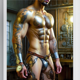 Steampunk Male Nude Wall Art PRINT, Erotic Figurative Artwork, Muscular Tattoo Fantasy Poster, Masculine Steampunk Decor