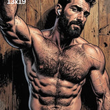 Bearded Man Comic Art Print, Muscular Hairy Male Portrait Illustration, Rustic Wooden Background Wall Decor, Athletic Guy Fine Art