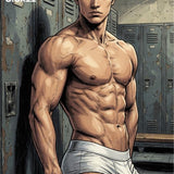 Manga Locker Room Print, Muscular Asian Man, Comic Fitness Art, Wall Decor