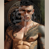 Gay Erotic Art Print | Muscular Male Nude with Dragon Tattoo | Fantasy Homoerotic Artwork | Digital Painting Wall Art | 4 Sizes