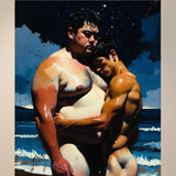 Gay Erotic Art Print | Bear & Twink Beach Embrace | Night Ocean Hug | Homoerotic Moonlit Fantasy | 4 Sizes