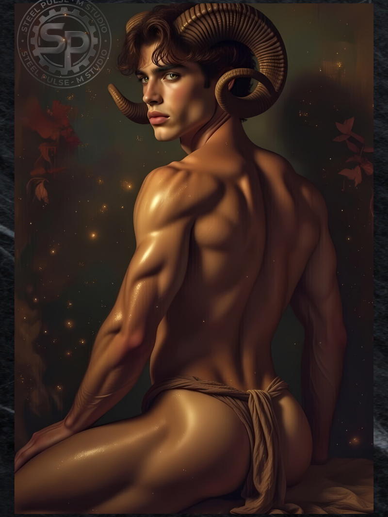 Gay Erotic Art Print | Ram Horns Male Nude Fantasy | Digital Painting Wall Art | Sexy Homoerotic Fawn Artwork | 4 Sizes Available