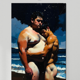 Gay Erotic Art Print | Bear & Twink Beach Embrace | Night Ocean Hug | Homoerotic Moonlit Fantasy | 4 Sizes
