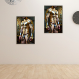 Steampunk Male Nude Wall Art PRINT, Erotic Figurative Artwork, Muscular Tattoo Fantasy Poster, Masculine Steampunk Decor