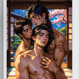 Erotic Art Print | Three Muscular Men Intimate Embrace | Japanese Fantasy | Digital Wall Art | Homoerotic Nude Throuple | 4 Sizes