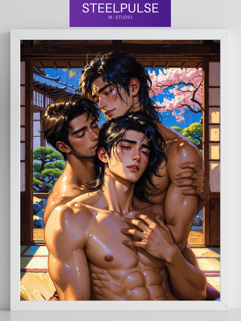 Erotic Art Print | Three Muscular Men Intimate Embrace | Japanese Fantasy | Digital Wall Art | Homoerotic Nude Throuple | 4 Sizes