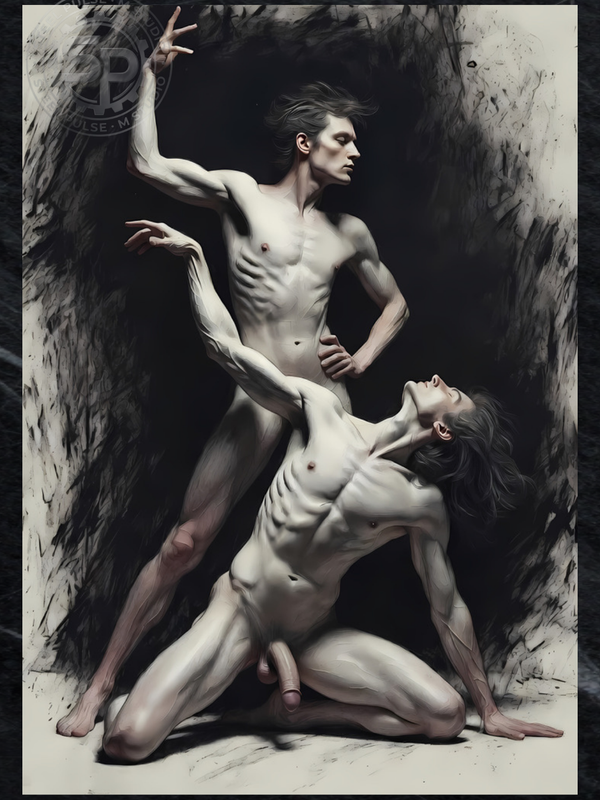 Gay Erotic Art Print | Dominance & Surrender | Classical NSFW Figure Study | Charcoal Style | 4 Sizes