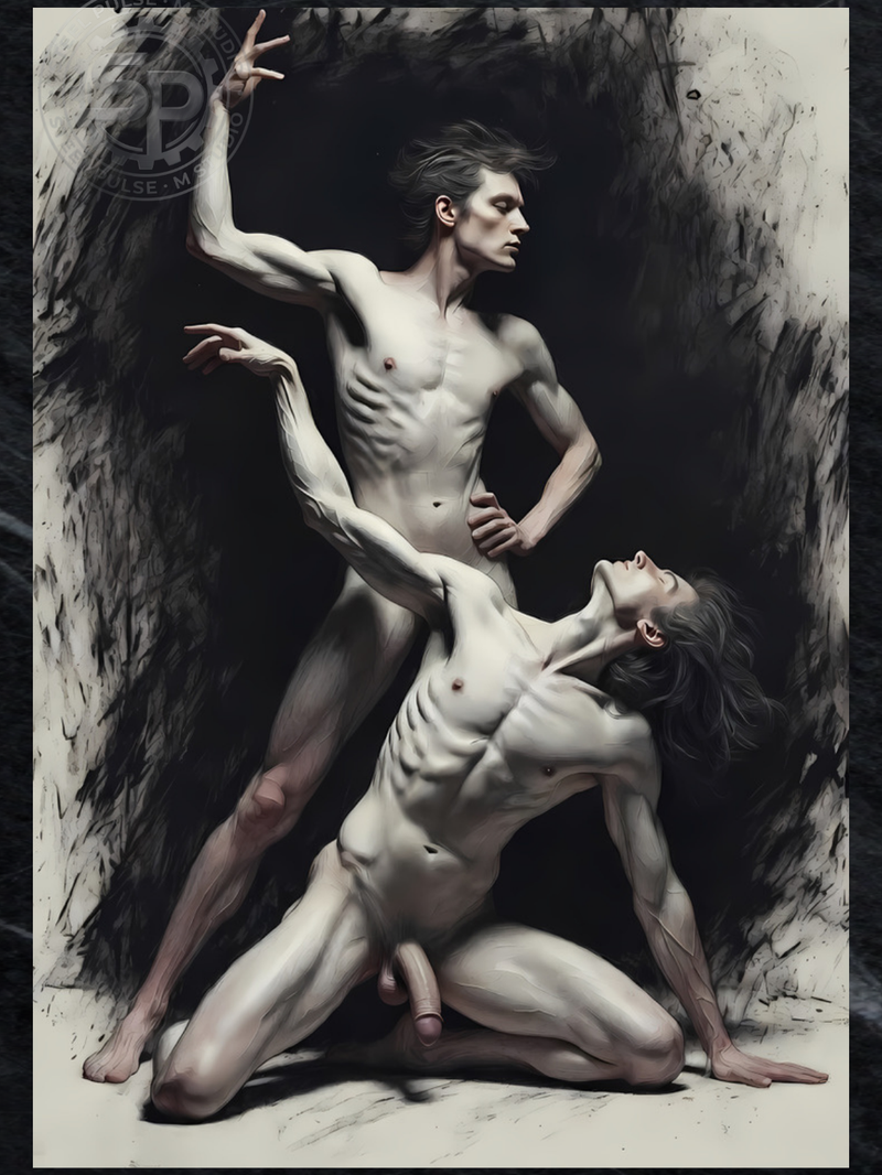Gay Erotic Art Print | Dominance & Surrender | Classical NSFW Figure Study | Charcoal Style | 4 Sizes