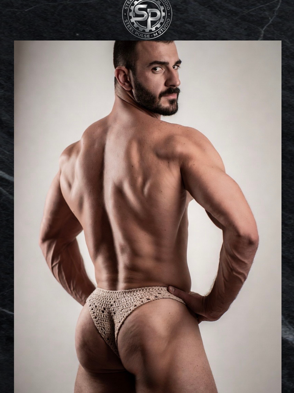 NSFW Gay Erotic Art Print | Bearded Muscle Back Pose | Crochet Brief Powerhouse | Homoerotic Physique Art | 4 Sizes