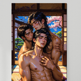 Erotic Art Print | Three Muscular Men Intimate Embrace | Japanese Fantasy | Digital Wall Art | Homoerotic Nude Throuple | 4 Sizes