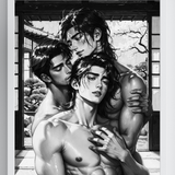 Erotic Art Print | Three Muscular Men Intimate Embrace | Japanese Fantasy | Digital Wall Art | Homoerotic Nude Throuple | 4 Sizes